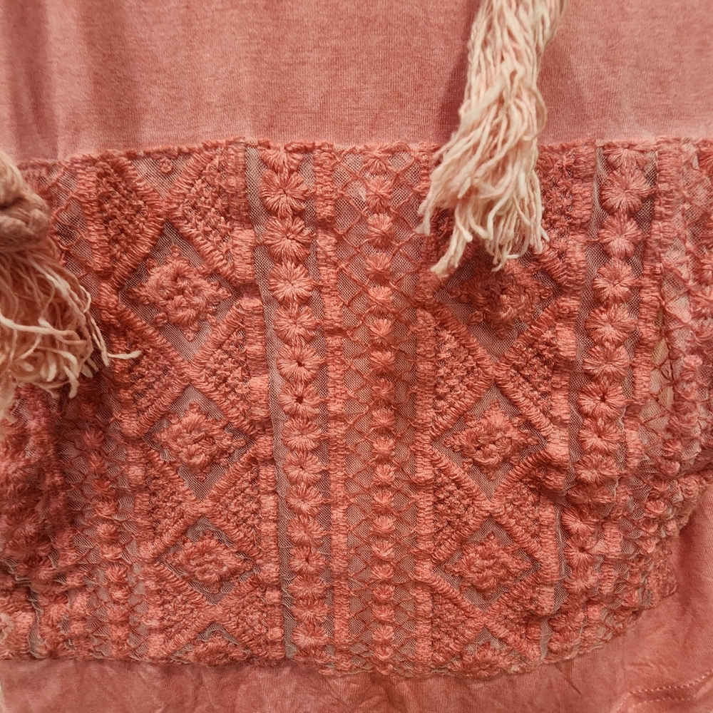 POL Lace Crochet Tunic Hoodie Lightweight Corded Drawstring Coral size Large - Picture 3 of 10